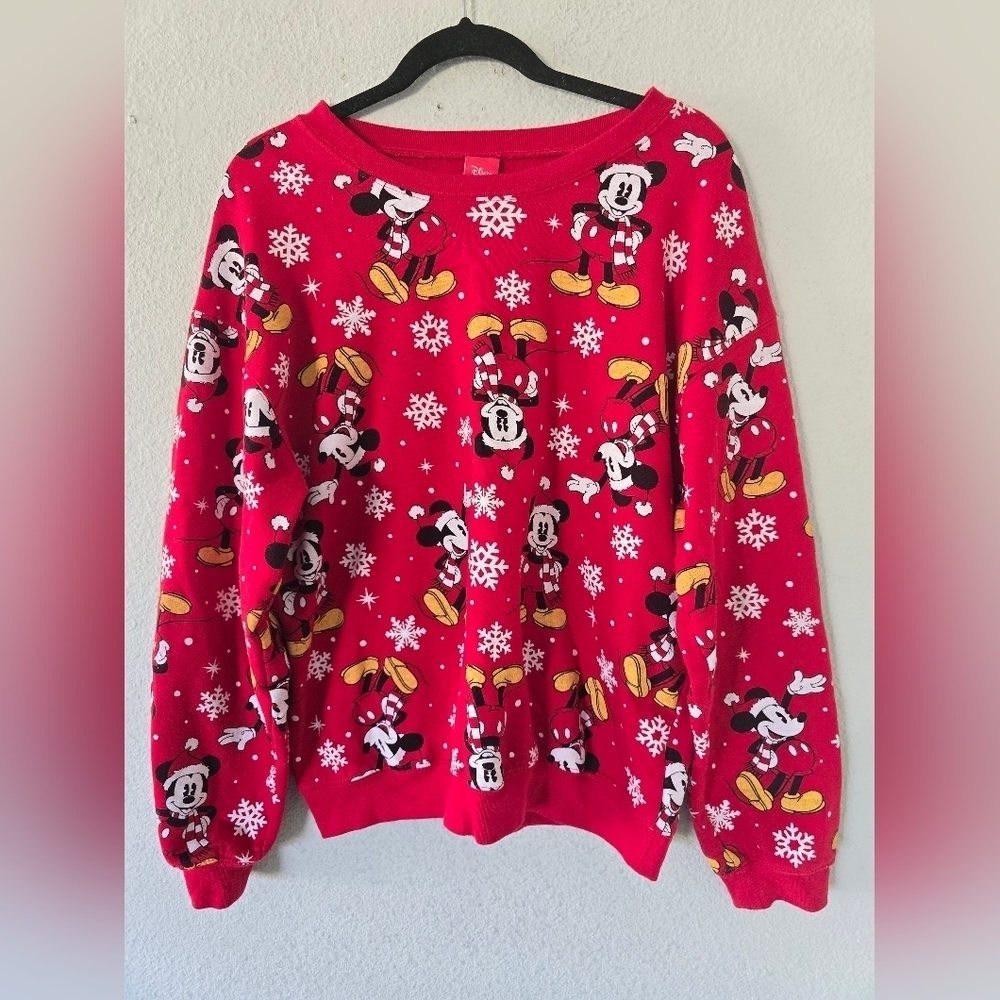 Disney Sweatshirt Women Red Sz L  Mickey Mouse Novelty Snokflakes Print … - Picture 3 of 9
